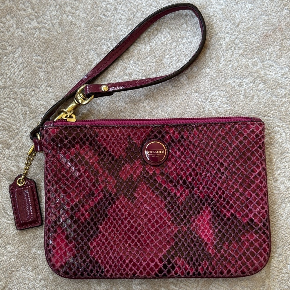 COACH Leather Zippered Wristlet Snakeskin Raspberry Pink Embossed Python Exotic